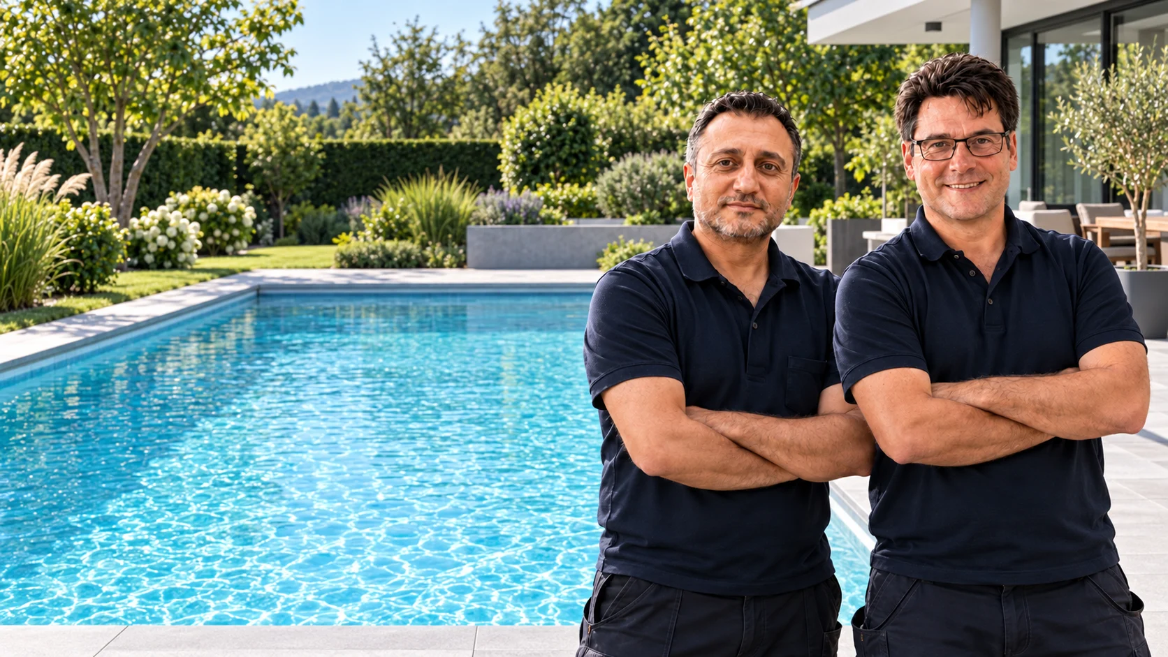 Christian Klaghofer und Hamza Aslan von PR Installationstechnik bei einem Pool